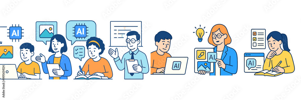 Aufkleber Group of diverse individuals engaging in discussions and activities related to artificial intelligence in a modern workspace