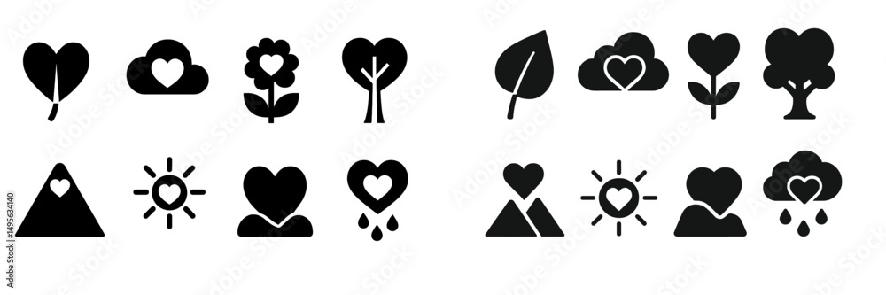 Aufkleber Heart-themed icons featuring various designs of nature elements along with heart shapes set against a simple background