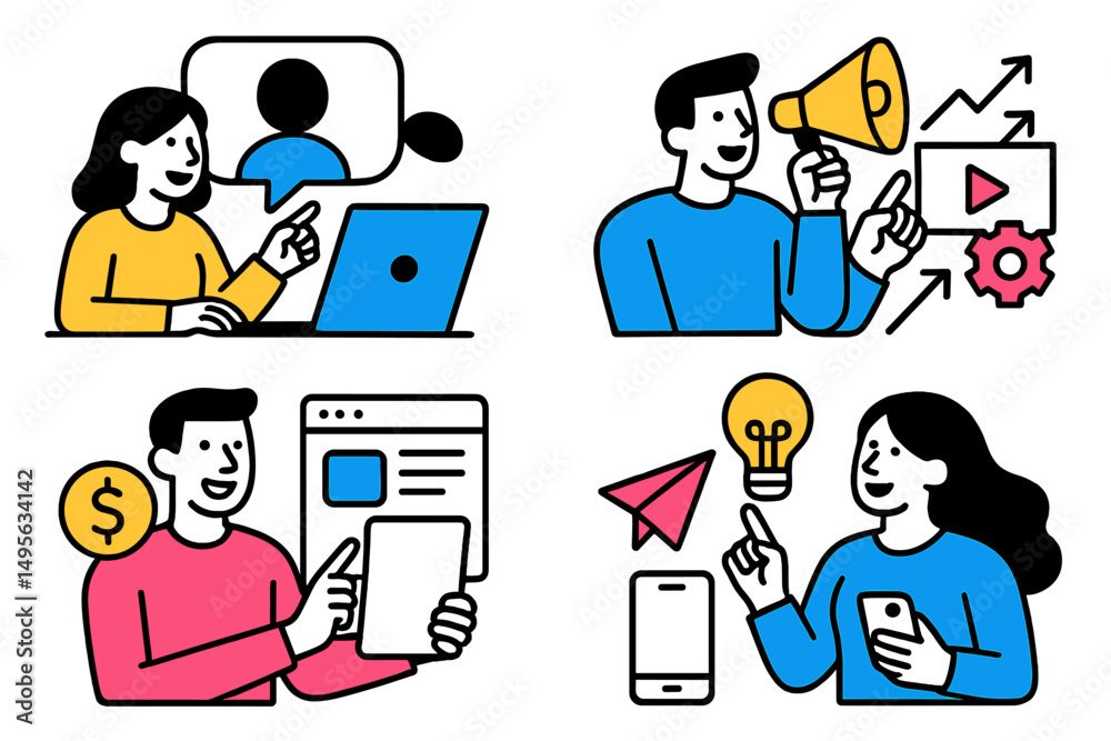 Poster engaging professionals collaborate on digital marketing strategies during an online meeting in a mod