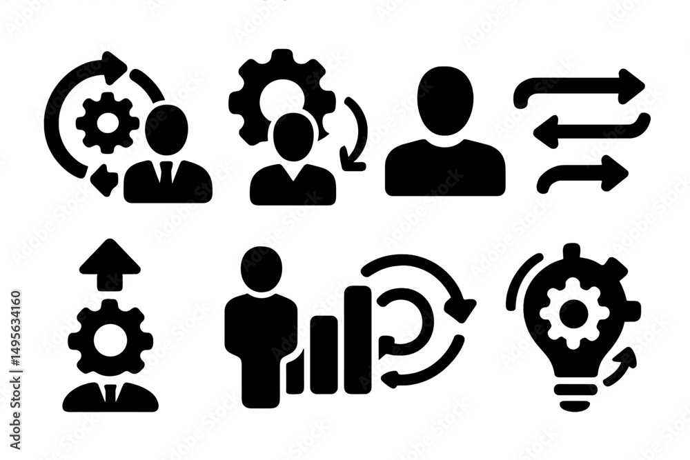 Poster business icons illustrating teamwork, user interaction, progress, and innovation concepts in a moder