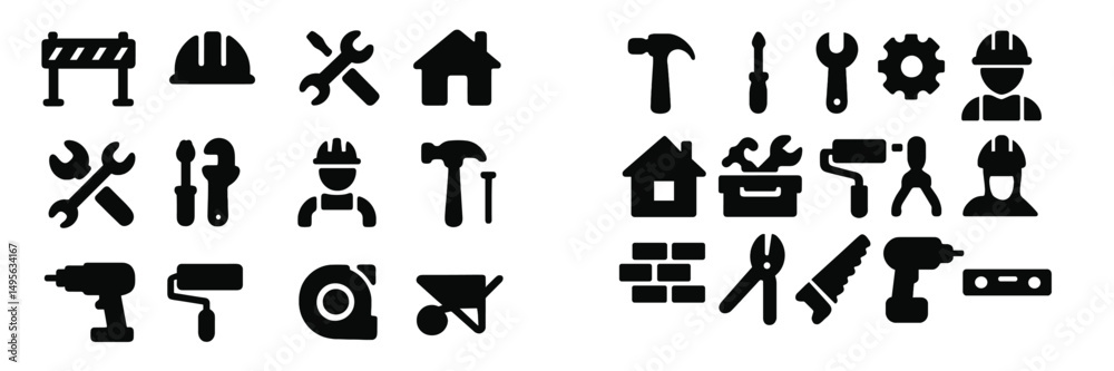 Aufkleber tools and construction icons representing various activities in building and repair tasks