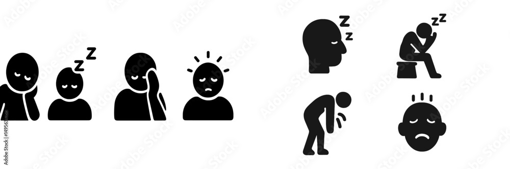 Poster multiple expressions of tiredness and exhaustion illustrated in simple graphic icons showing various