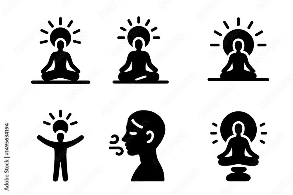 Poster Illustrations of meditation and mindfulness practices in various poses and styles with glowing effects
