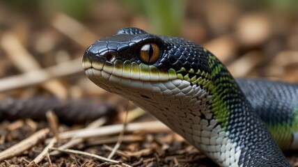Fototapeta premium Close-up of a venomous snake's head. Focus on scales and eyes