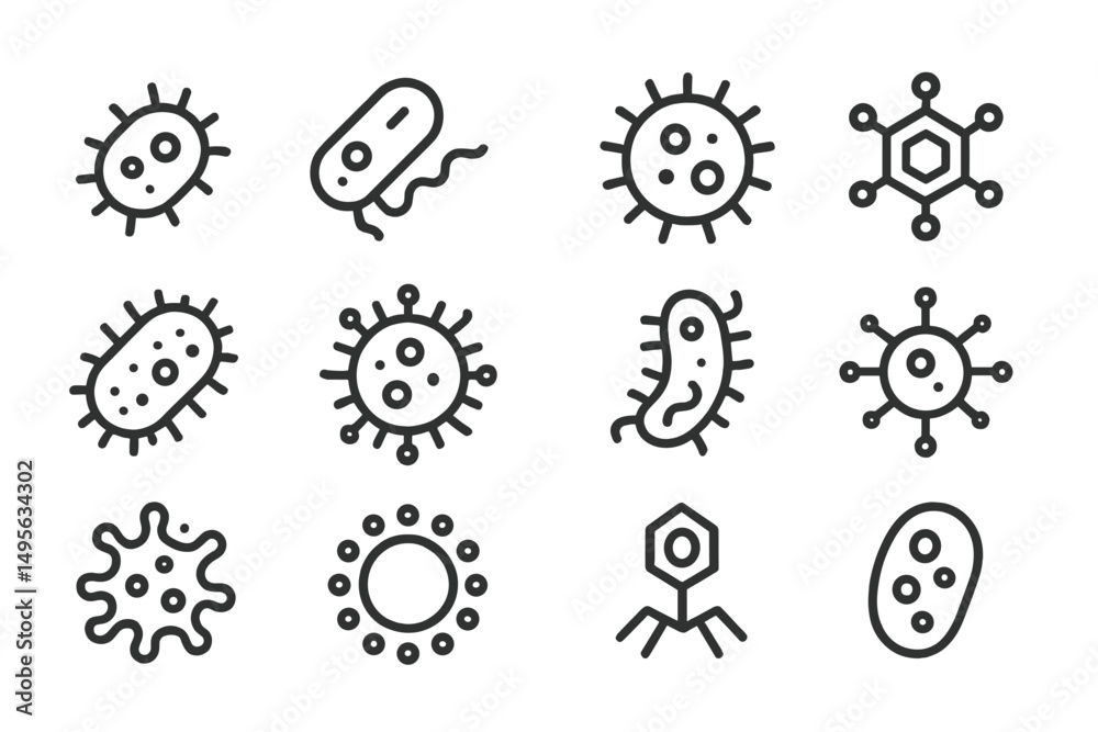 Poster Microorganisms illustrated in clear line art showcasing diverse forms and structures, highlighting their variety and complexity