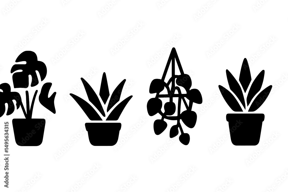 Aufkleber silhouettes of various plants in pots arranged in a clean and minimalistic layout on a white backgro