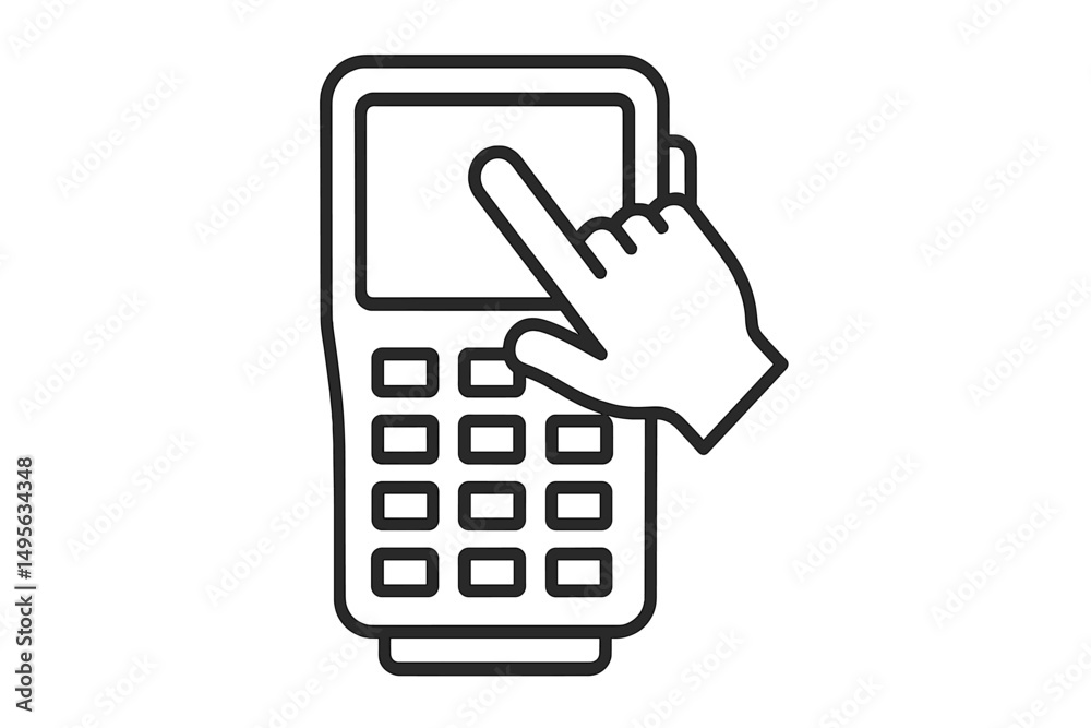 Poster Hand interacting with touchscreen device in a modern setting during daytime