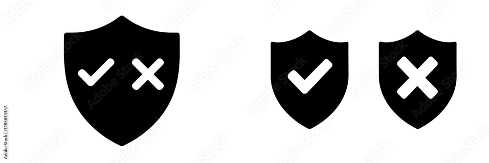 Poster Symbols representing approval and disapproval in a simple graphic design format showcasing shields with check and cross marks
