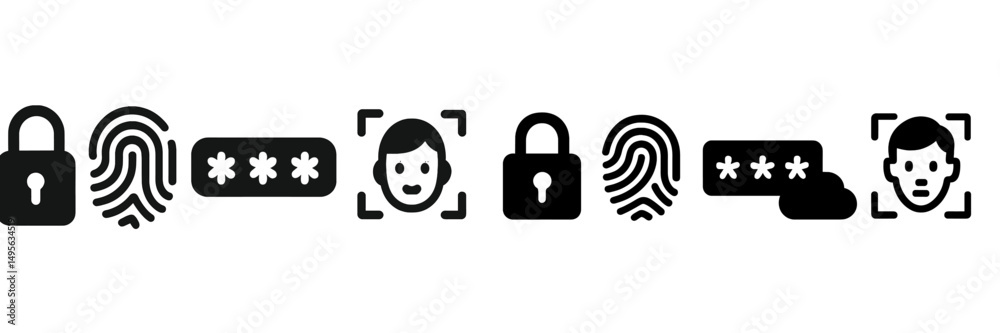 Poster security symbols representing biometric authentication methods such as fingerprints and facial recog