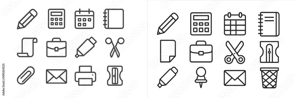 Poster collection of simple line icons representing office supplies and stationery items for everyday use i