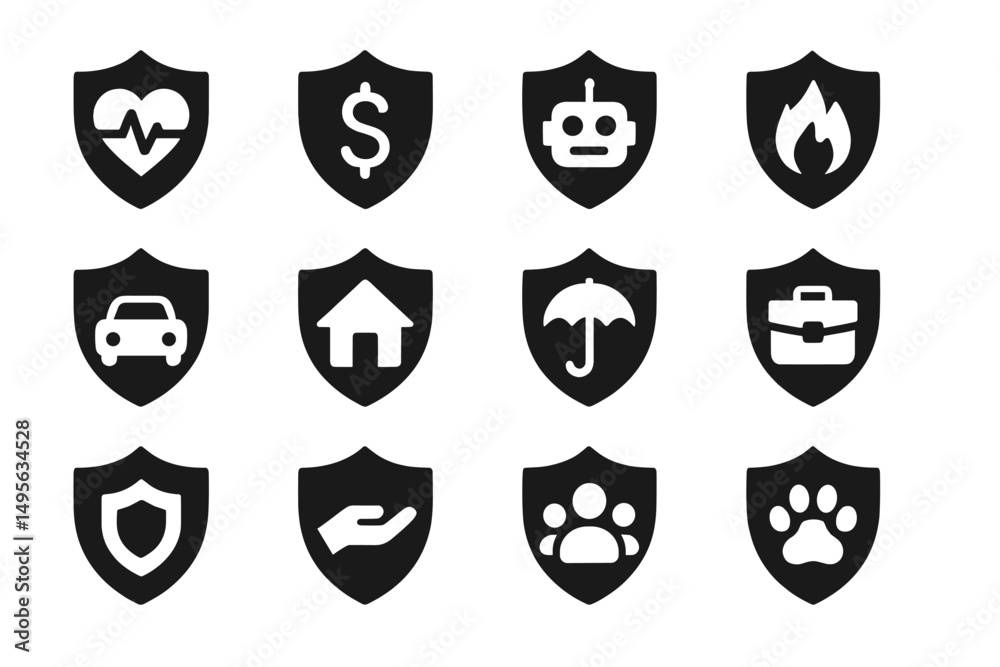Poster Icons representing various aspects of life and safety in a grid format displayed on a plain background