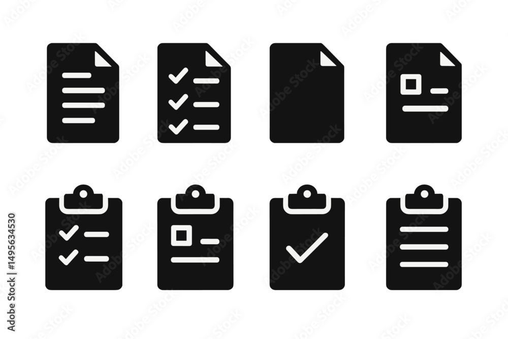 Fototapete collection of various document icons in black and white illustrating checklists and forms in a minim