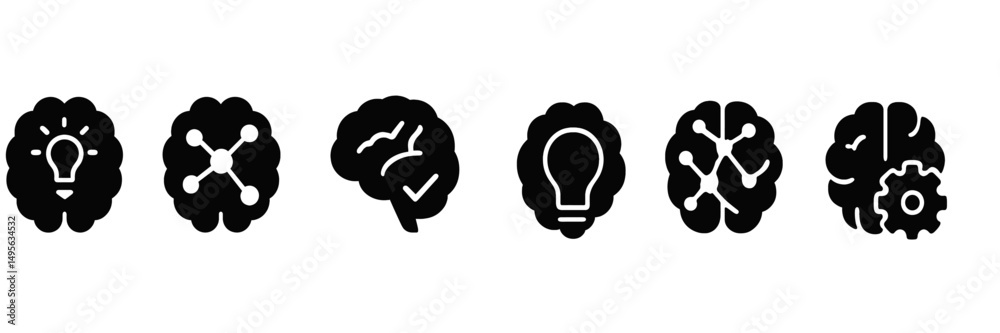 Poster Concepts of creativity and cognition represented through various brain icons illustrating different mental processes and ideas in a minimalistic style