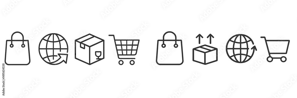 Aufkleber ecommerce icons representing shopping, delivery, and global transactions in a minimalist design styl