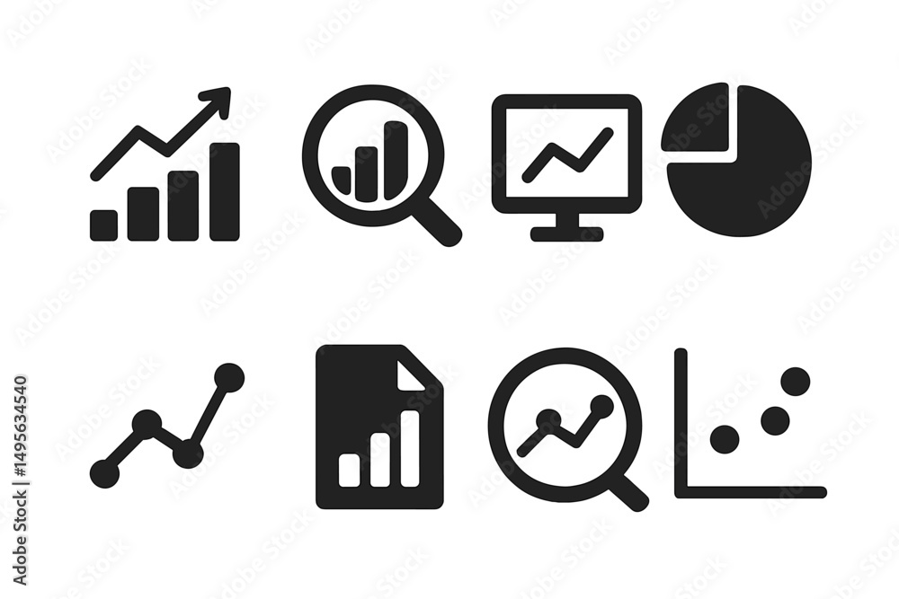 Poster graphical representations of data analytics with charts and icons displayed on a simple background