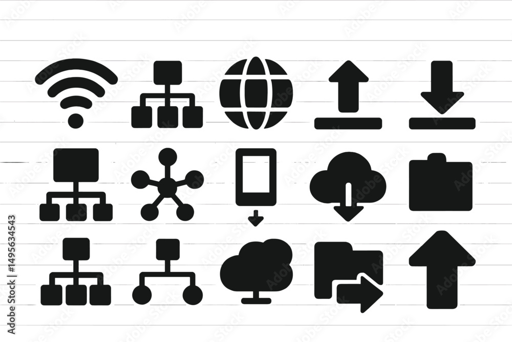 Poster Collection of black icons representing technology and networking concepts on a light background