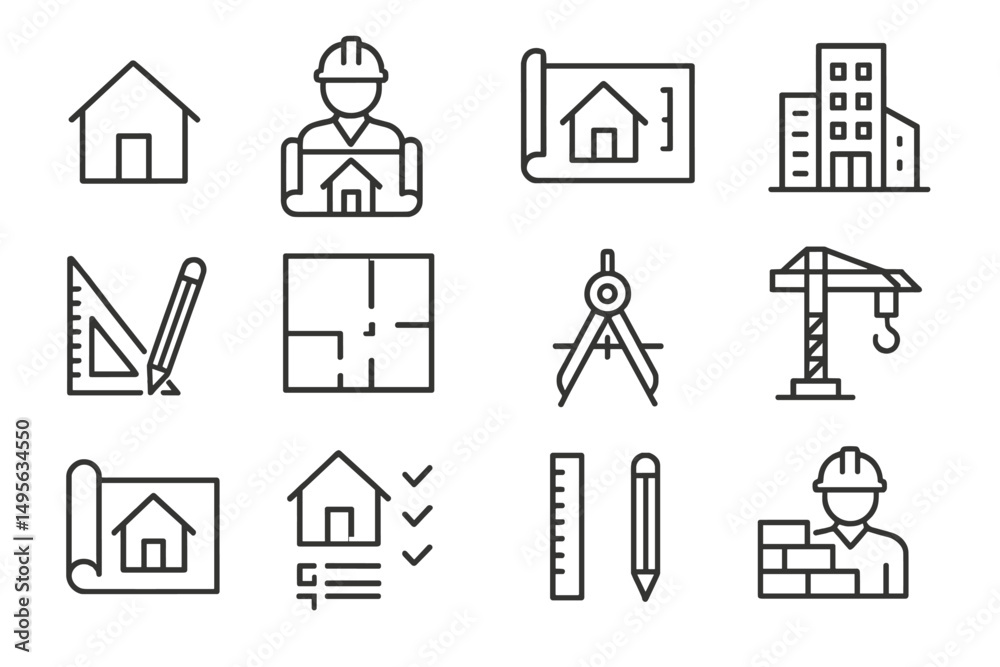 Poster Construction activities and tools for architecture and building design in a minimalistic style featuring various icons