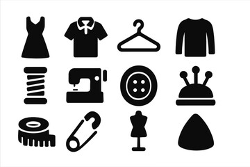 Various sewing concepts and tools including garments, sewing machine, and accessories displayed on a white background
