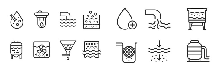 Fototapeta na wymiar Symbols representing various water filtration and purification processes in a clear and simplified graphic format suitable for educational use