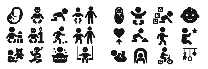 Collection of playful and developmental activities for infants and toddlers showcased in simple silhouettes