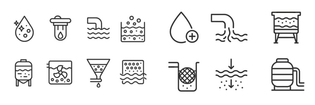 Symbols representing various water filtration and purification processes in a clear and simplified graphic format suitable for educational use
