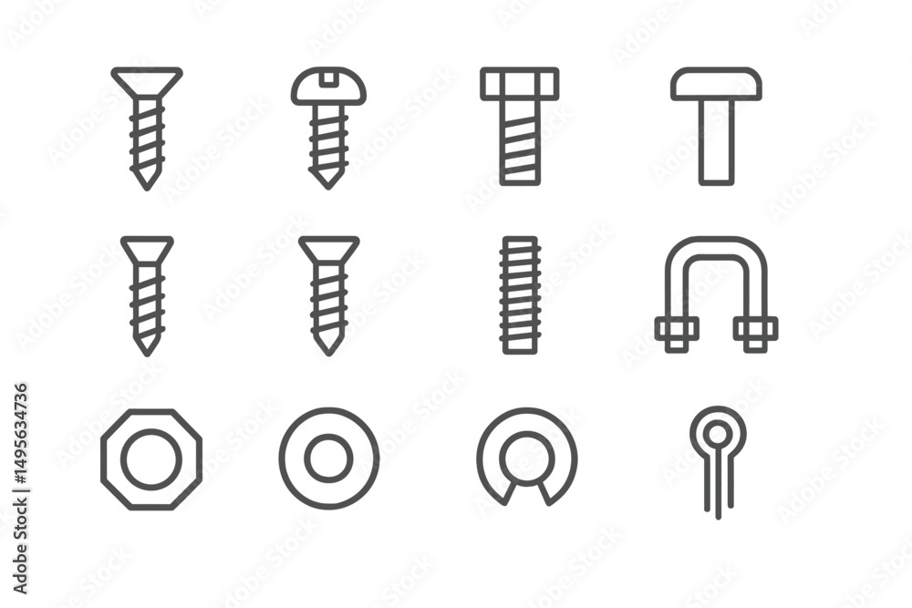 Poster various types of hardware components including screws, bolts, nuts, and washers displayed on a clean
