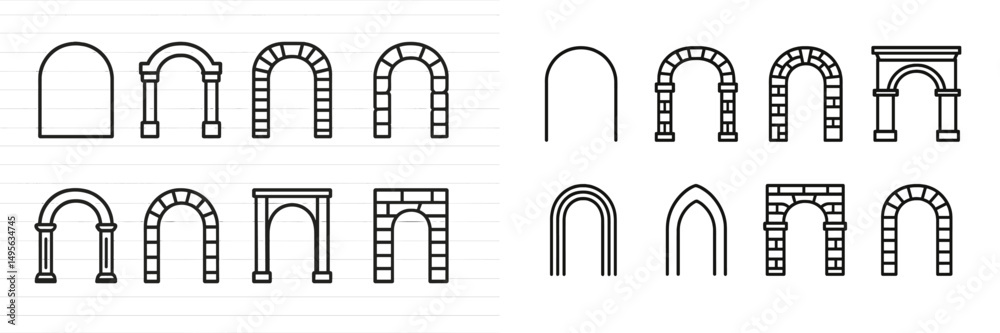 Aufkleber collection of various architectural arch designs on lined background showcasing distinct styles and 