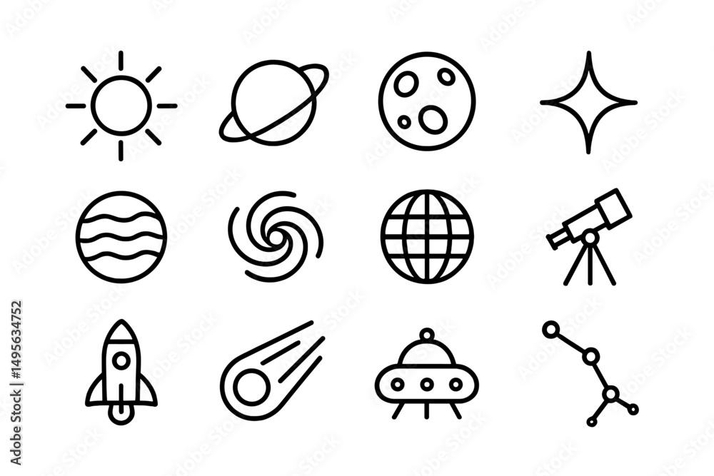 Poster space-themed icons showcasing celestial bodies and astronomical tools for educational use and design