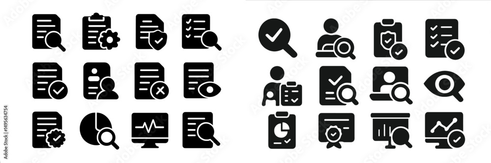 Poster icons representing various tasks and activities related to documentation and examination in a modern