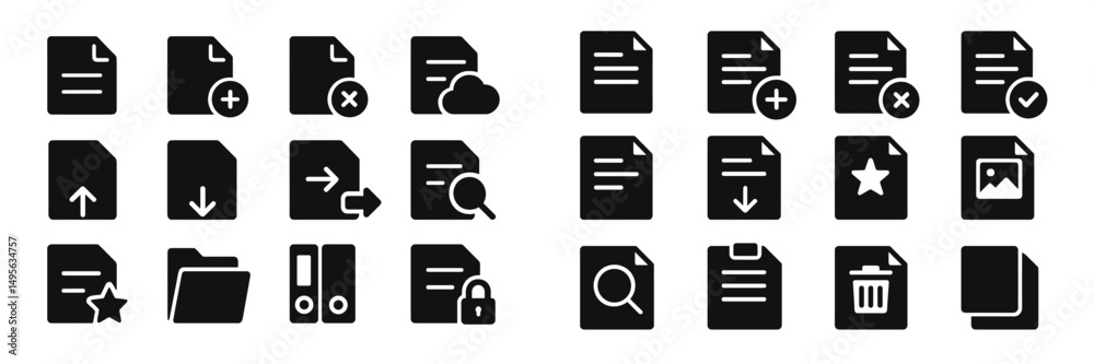 Poster icons representing various file management actions and document types displayed on a black and white