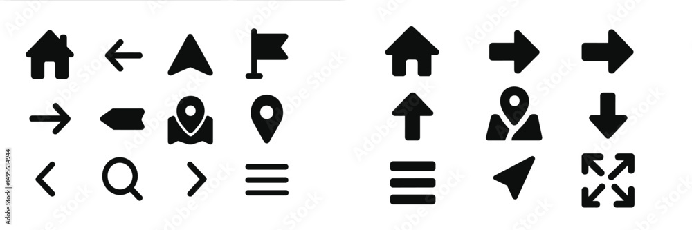 Poster Icons representing navigation and location in a modern design style for user interface applications and maps on technology devices