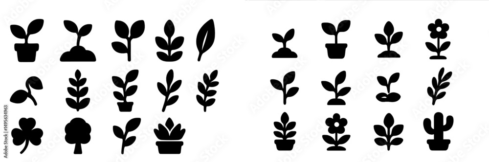 Poster various silhouettes of plants and flowers arranged in a creative pattern on a white background