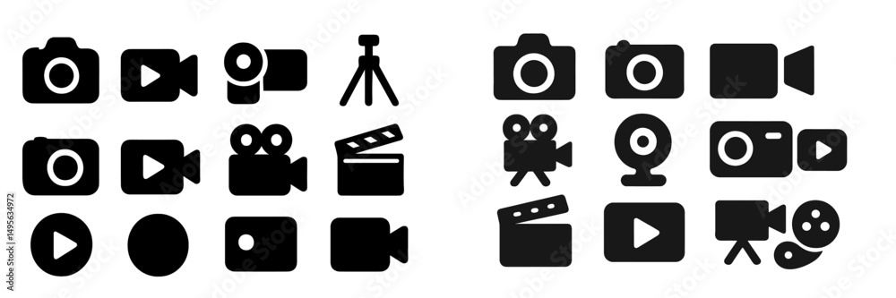 Poster collection of black camera and video icons for digital media creation and production tools