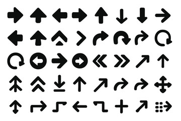 Various black directional arrows and symbols arranged in a grid on a white background for graphic design and navigation purposes