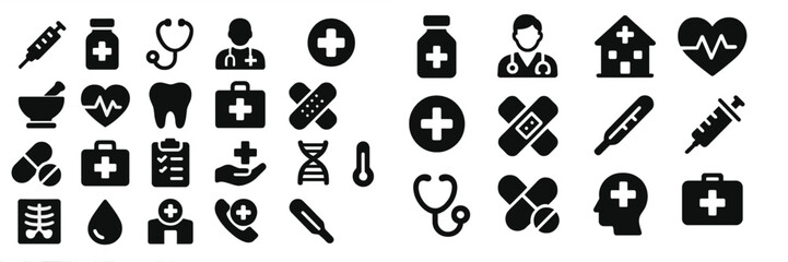 Health-related icons featuring medical symbols, tools, and professionals in a comprehensive design