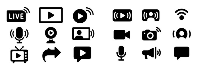 Various multimedia icons indicating different modes of online communication and streaming services