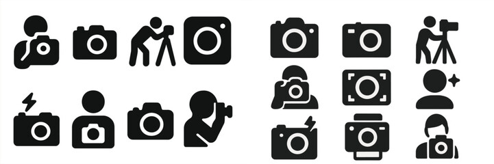 Collection of camera and photography icons showcasing various styles and activities related to capturing images