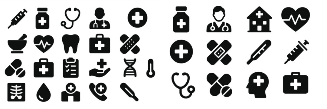 Health-related icons featuring medical symbols, tools, and professionals in a comprehensive design