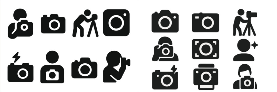 Collection of camera and photography icons showcasing various styles and activities related to capturing images