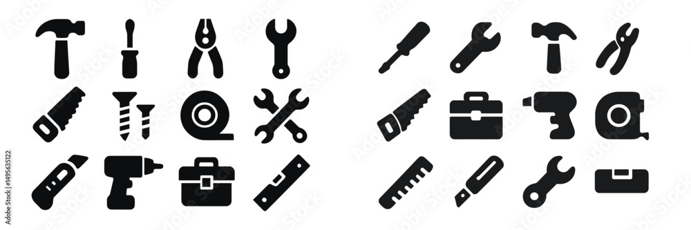 Poster Black and white icons of various tools arranged in a grid pattern for construction and repair projects