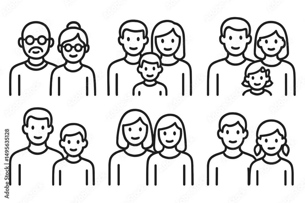 Aufkleber diverse families represented with simple illustrations showcasing various familial relationships and