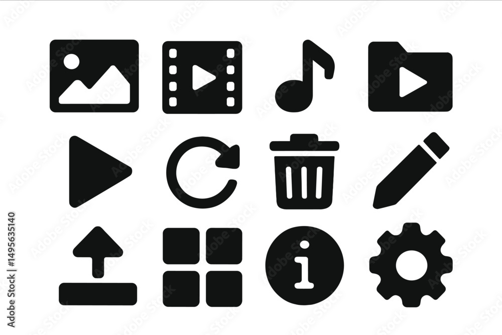Poster collection of icons representing various media and actions for digital applications and interfaces i