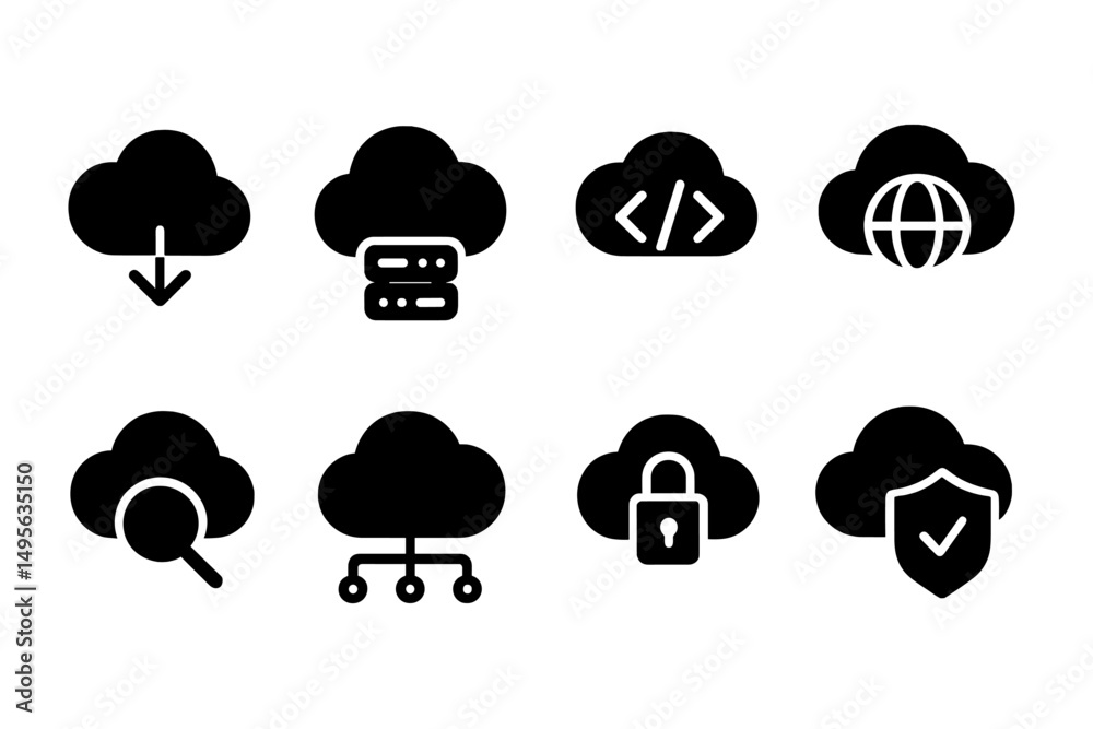 Poster cloud computing icons displaying various services like storage, security, and connectivity in a mini