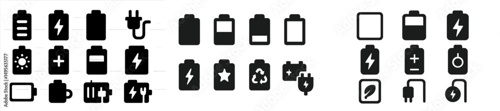 Aufkleber collection of various battery icons showcasing different energy levels and types in a minimalist sty