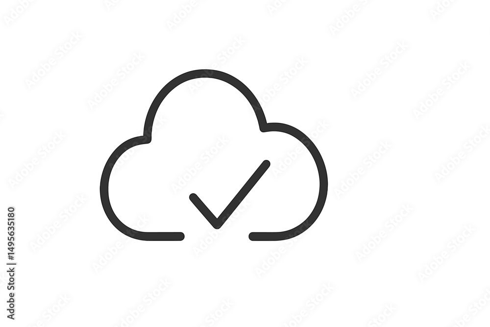 Poster cloud storage icon with check mark indicating successful synchronization and data storage efficiency