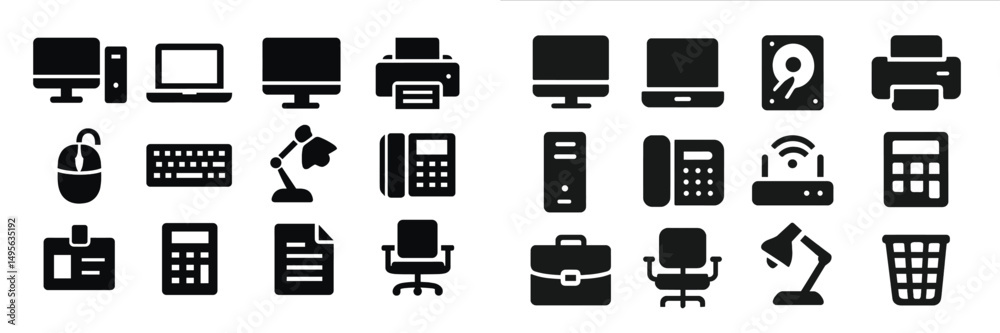 Poster variety of black icons representing office supplies and equipment arranged in a grid format for easy