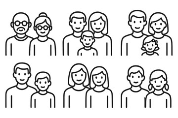 Fototapeta premium Diverse families represented with simple illustrations showcasing various familial relationships and gatherings