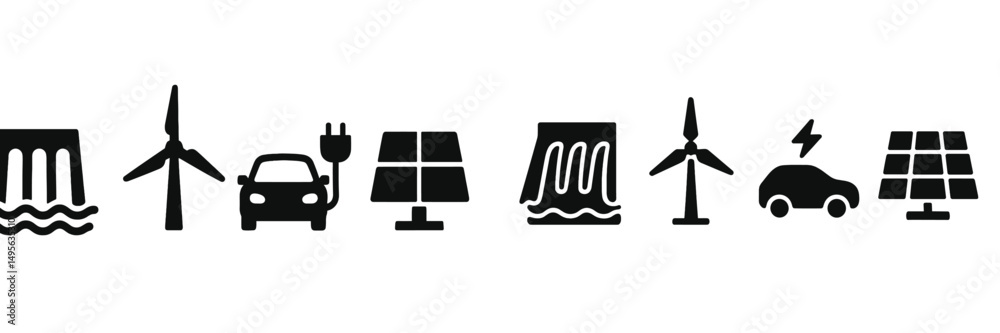 Poster symbols representing different renewable energy sources and sustainable transportation options for a