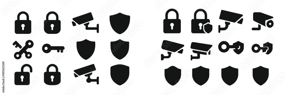 Aufkleber security icons illustrating various elements like locks, keys, and cameras often used in surveillanc