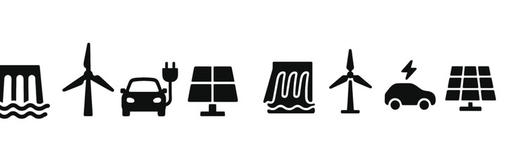 Symbols representing different renewable energy sources and sustainable transportation options for a greener future